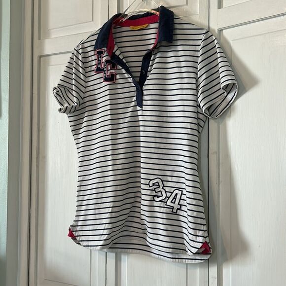 Louis Castel Golf Striped Navy and White with designer patches polo Size S - Picture 3 of 6